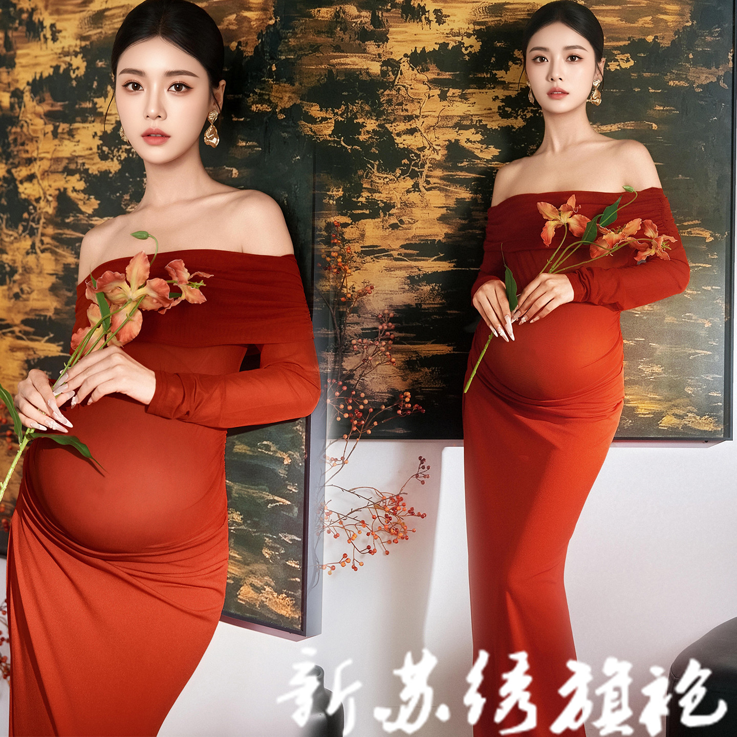 影楼孕妇新中式一字肩礼服裙