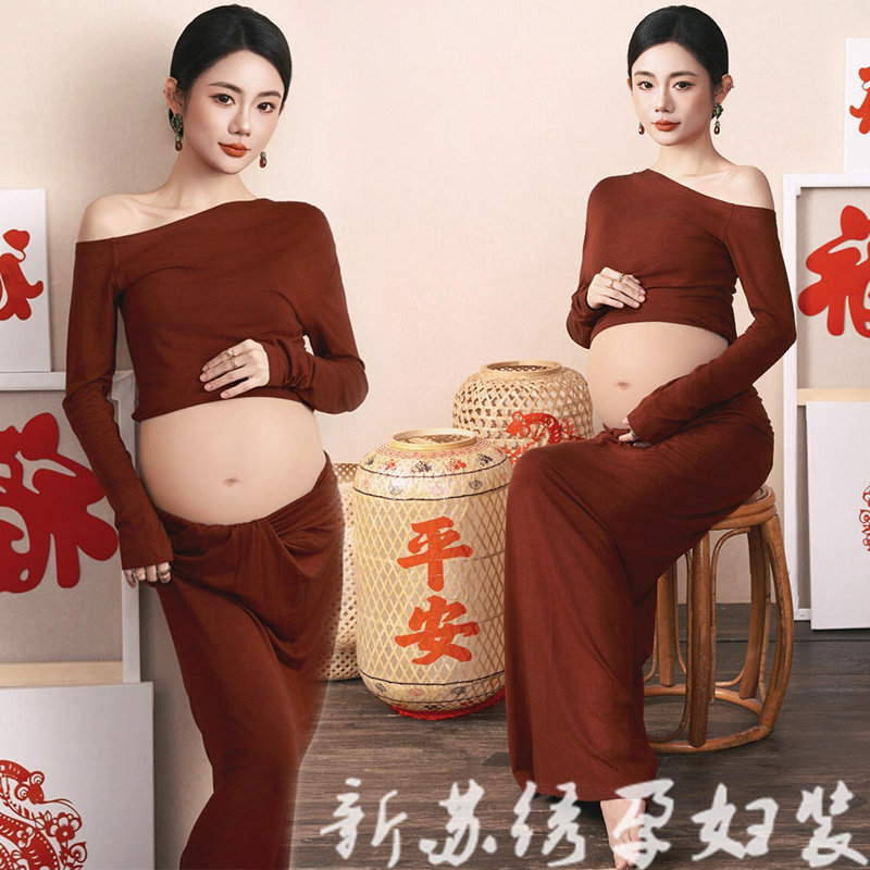马年写真孕妇红色连衣裙主题服装