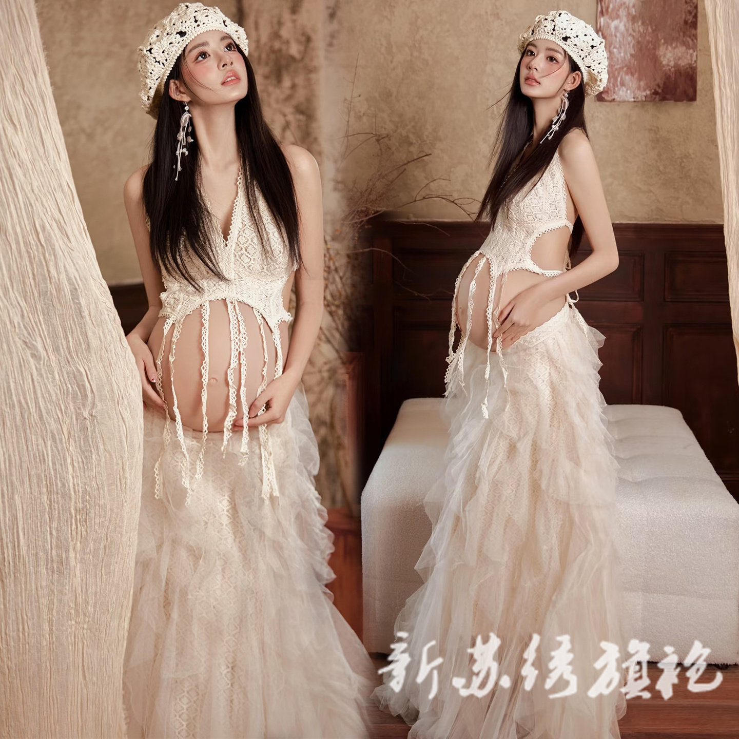 依媚坊孕妇写真法式复古流苏裙