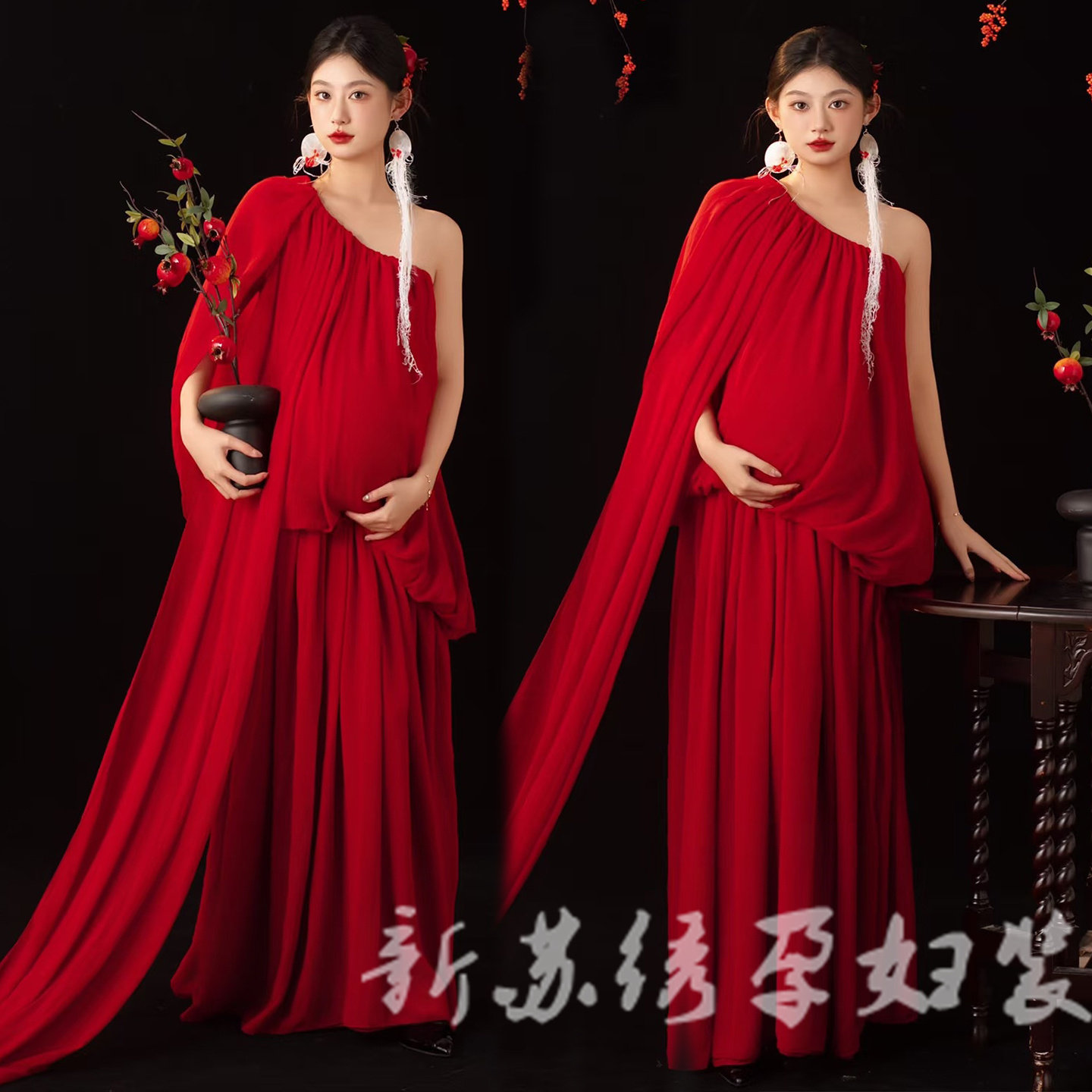 孕妇写真复古红色唯美连衣裙服装