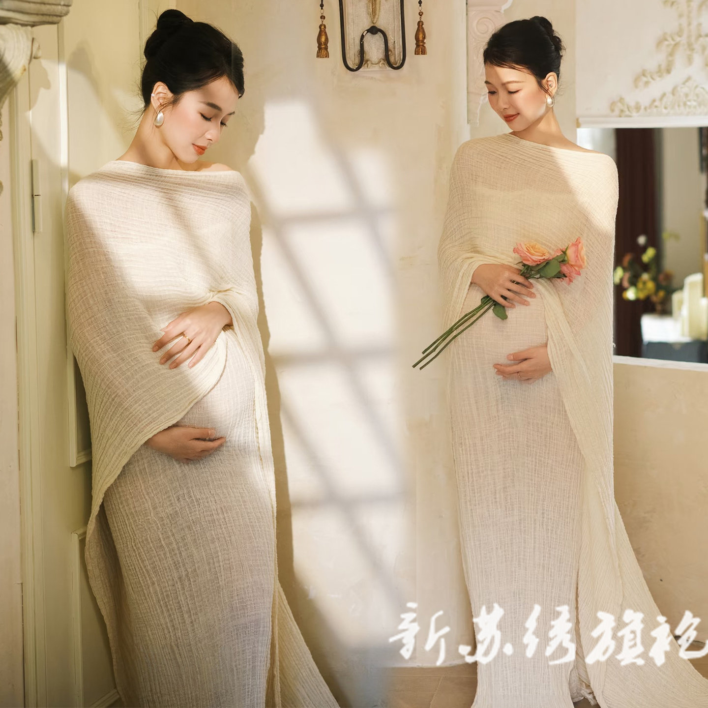 依媚坊孕妇早春中式油画风礼服