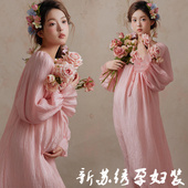 法式 影楼新款 孕妇照服装 油画风粉色礼服裙温柔风孕妈咪大肚照写真