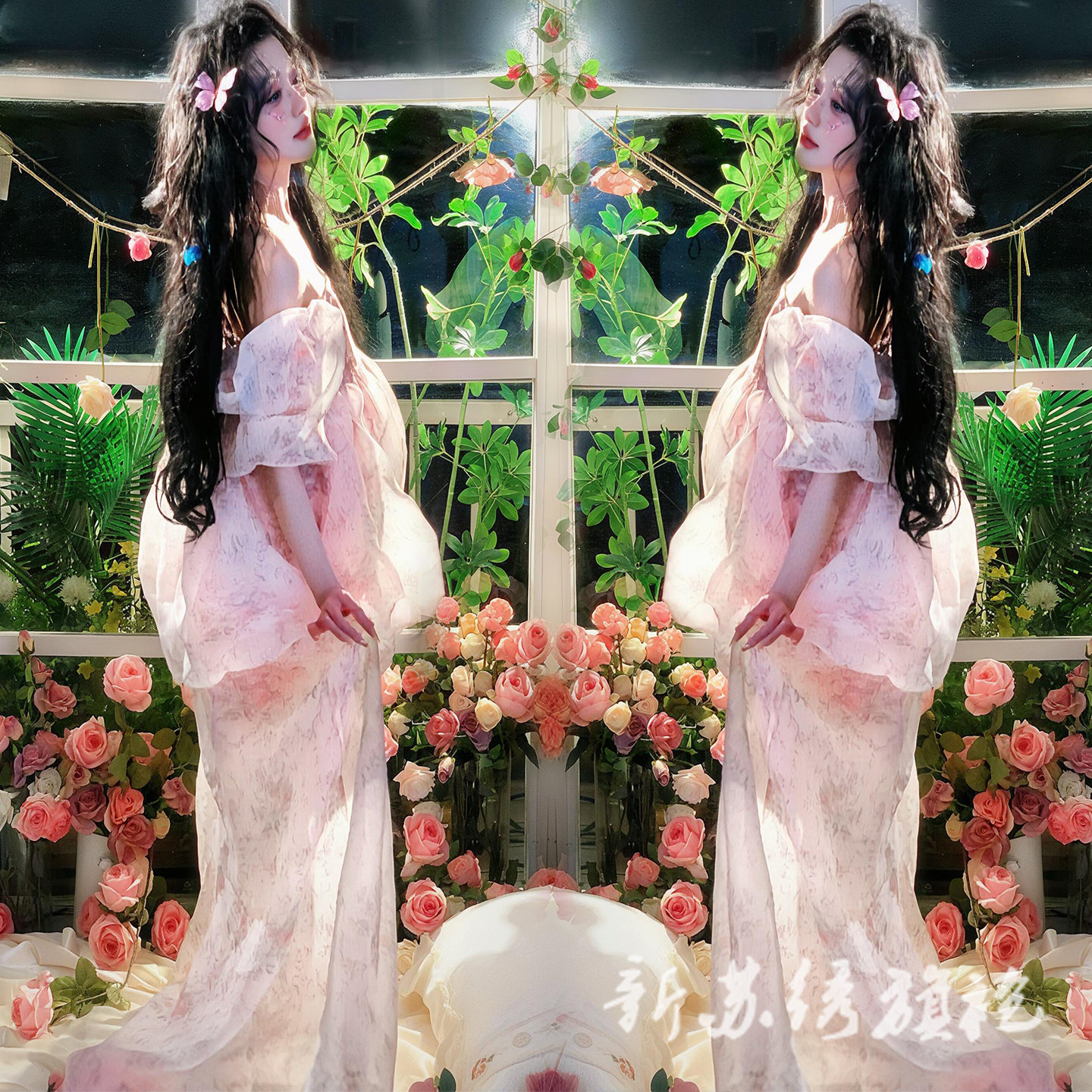 依媚坊孕妇写真法式粉碎花连衣裙