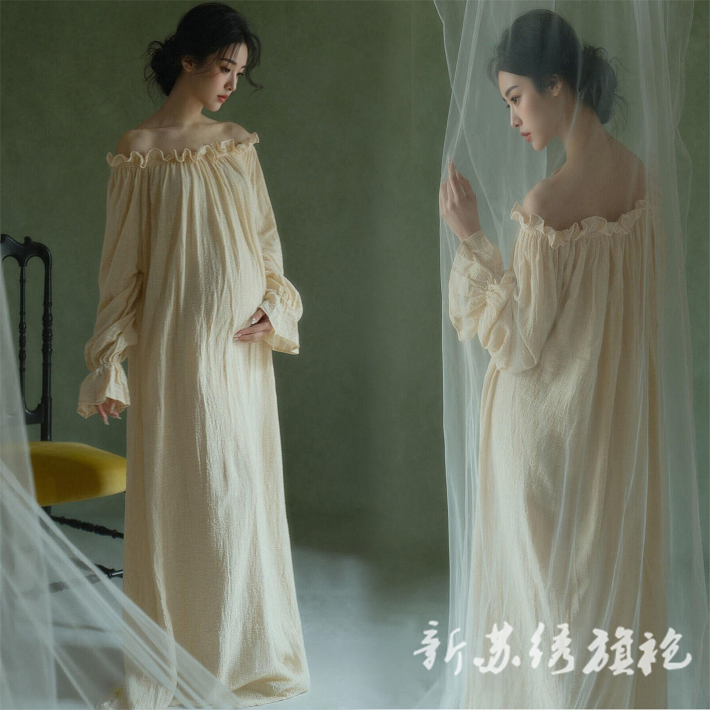 依媚坊孕妇写真法式复古连衣裙