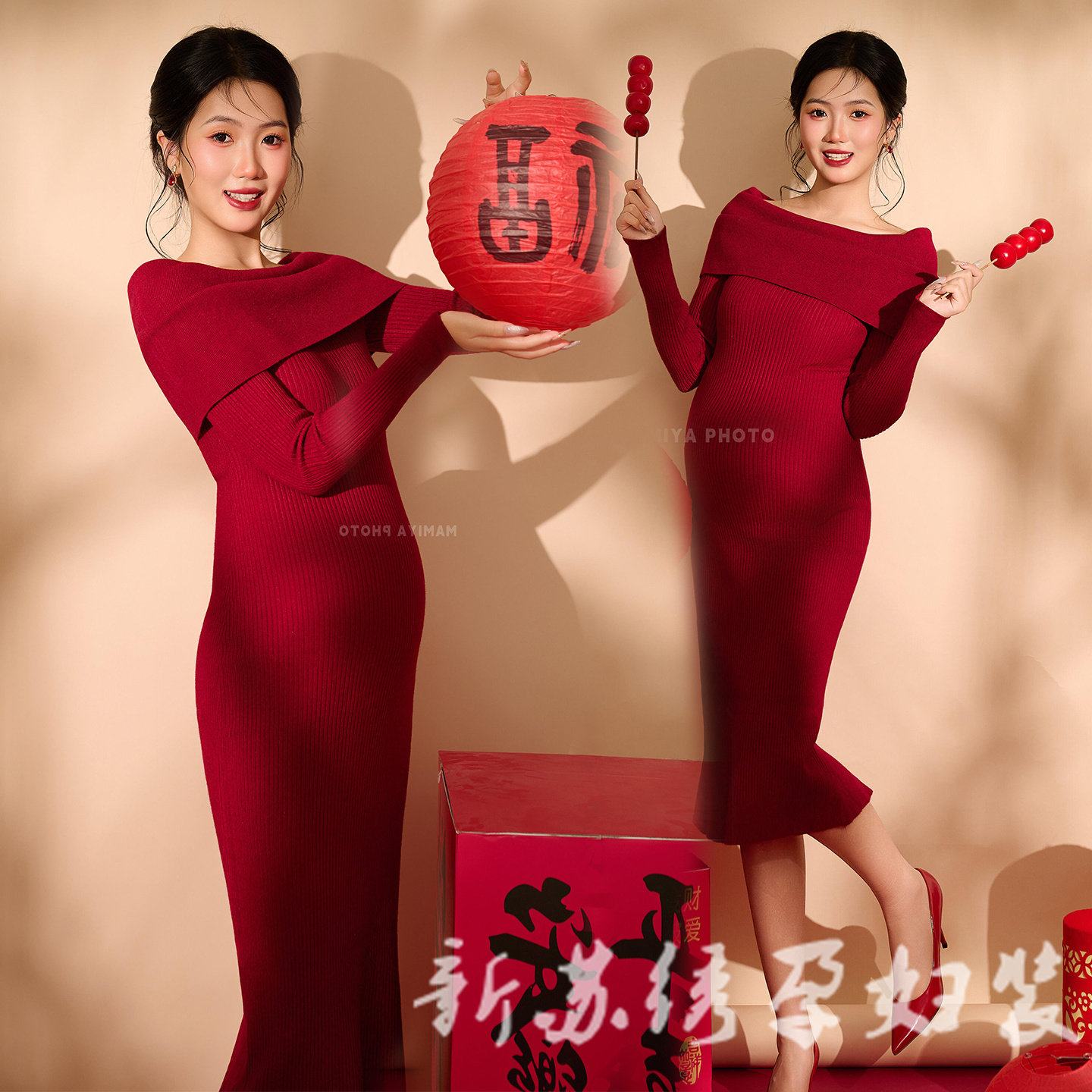 新年影楼甜美温柔孕妈红色连衣裙