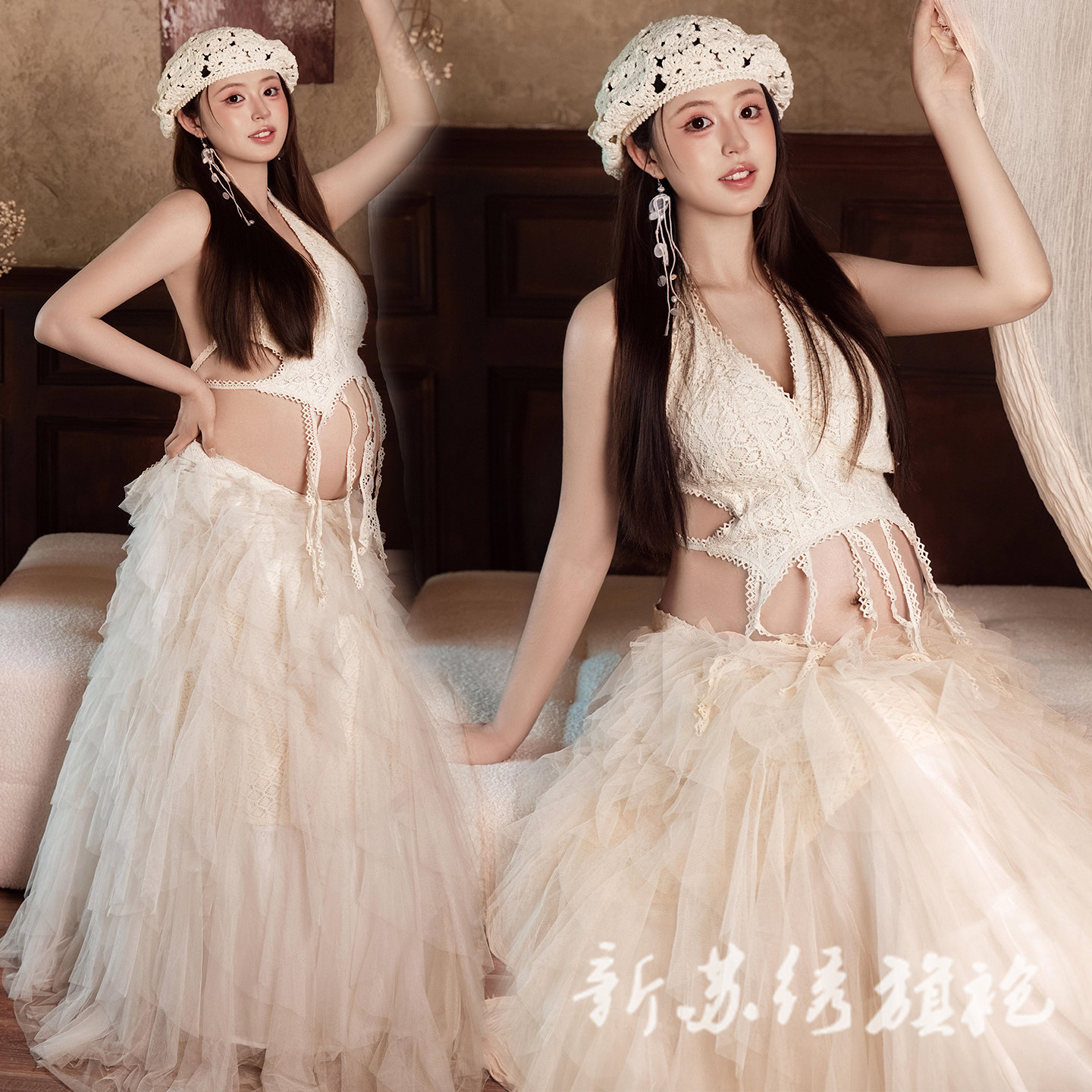 依媚坊孕妇写真法式蕾丝裙