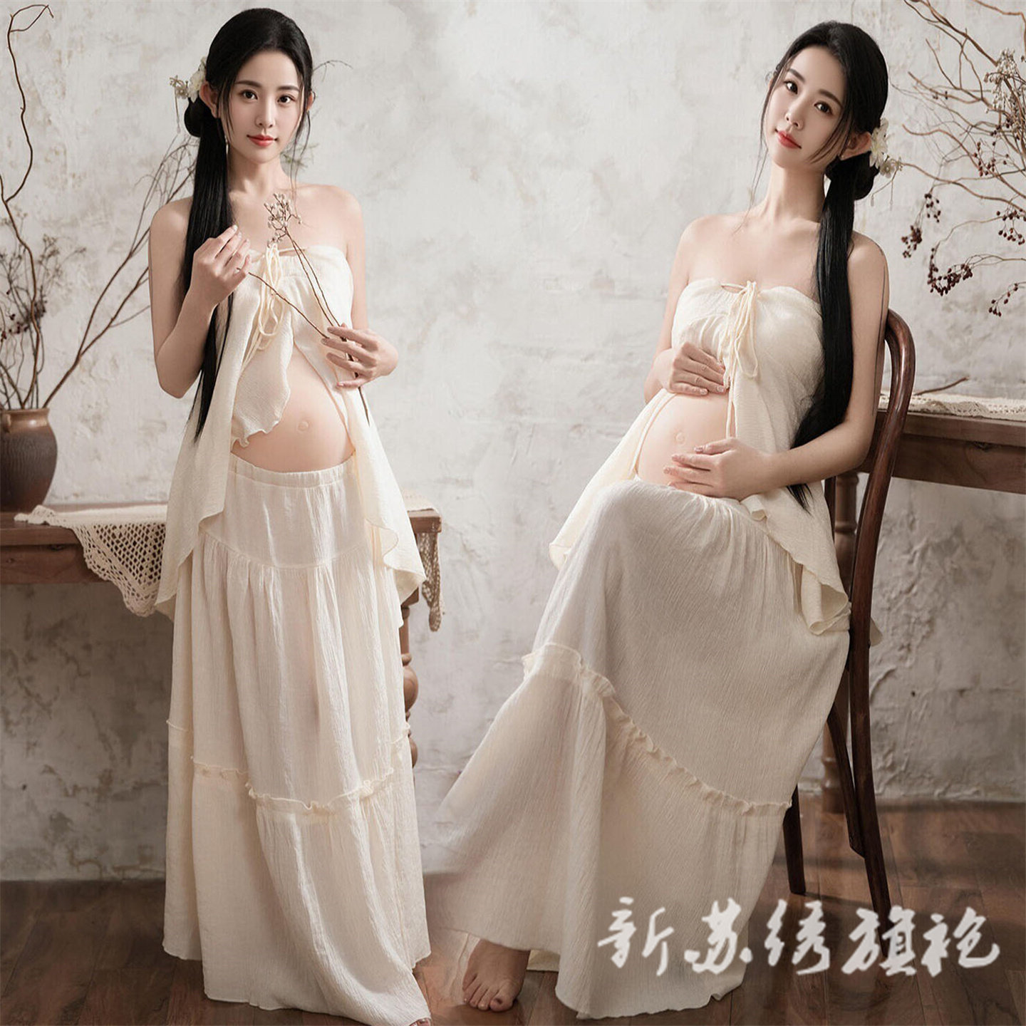 依媚坊孕妇写真法式复古连衣裙