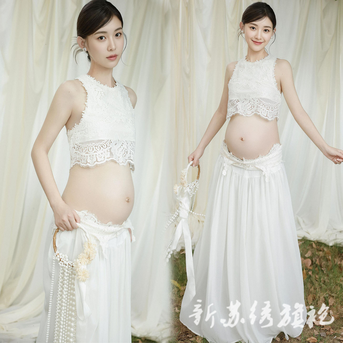 依媚坊孕妇写真法式蕾丝连衣裙