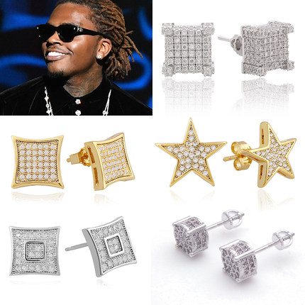 欧美HIPHOP男女耳钉夹镀金银镶钻锆石耳环潮个性街头超闪嘻哈饰品