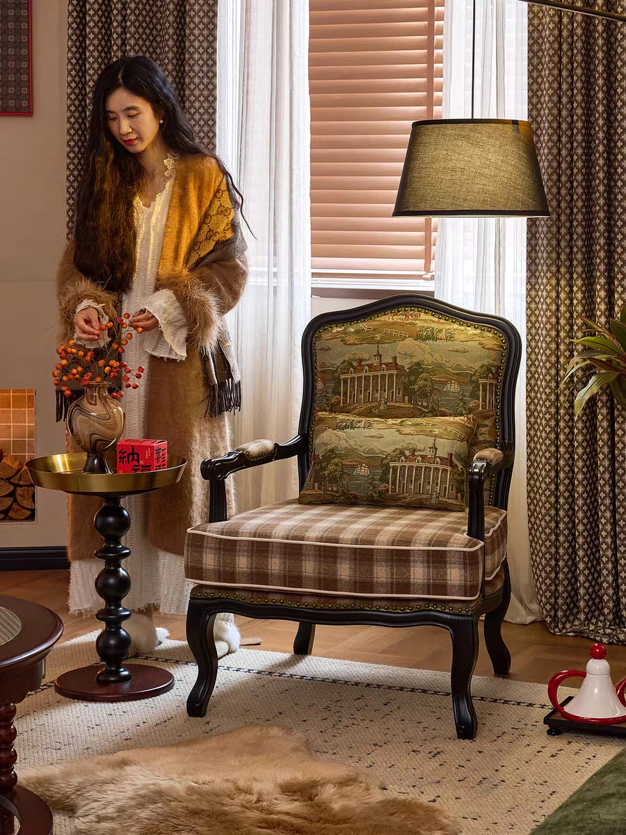 美式实木胡桃色复古单人沙发老虎椅子休闲阳台卧室书房法式客厅