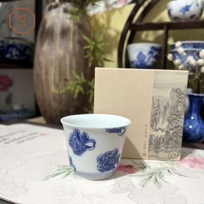 手绘青花白菜单杯主人杯茶杯茶具