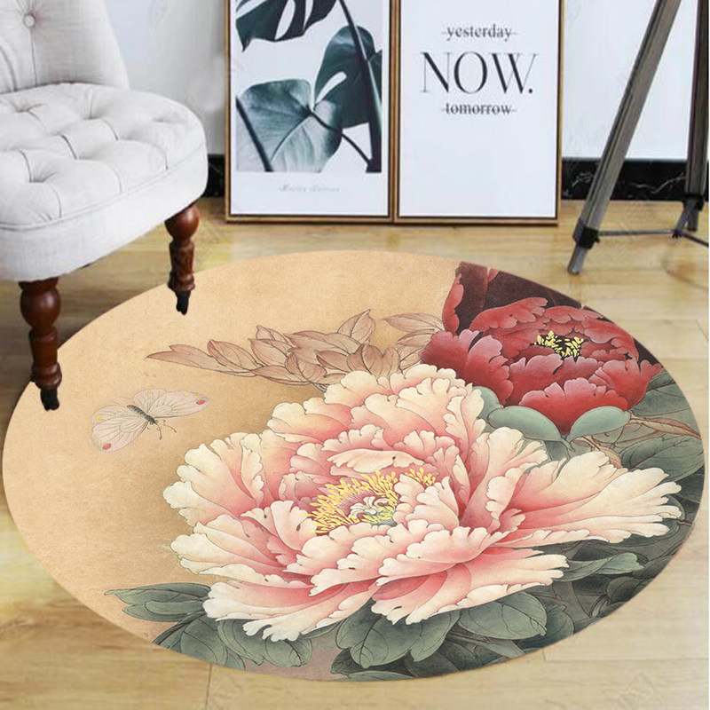 新中式圆形地毯客厅茶几垫卧室古典地垫圈绒高级感牡丹加厚可水洗