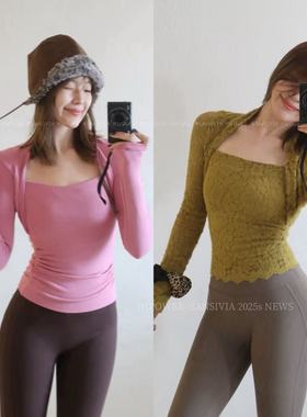 HIPOWER加绒假两件长袖T恤棉方领运动健身休闲修身显瘦上衣女