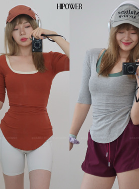 HIPOWER运动健身T恤U领套头显瘦夏季轻薄透气短袖上衣女
