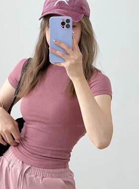 HIPOWER运动健身修身小圆领短袖T恤女2024夏纯色基础款螺纹上衣