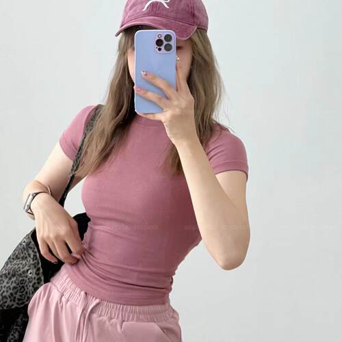 HIPOWER运动健身修身小圆领短袖T恤女2024夏纯色基础款螺纹上衣