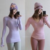 HIPOWER运动T恤圆领加绒长袖 女秋冬打底保暖弹力修身 上衣瑜伽休闲