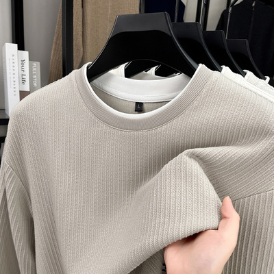 假两件圆领卫衣男款秋冬季加厚套头上衣服宽松t恤男长袖纯色百搭