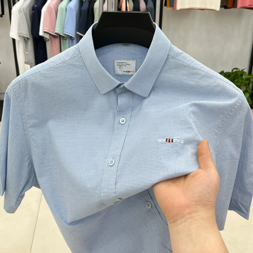 正品外贸纯100%全棉男装小格子短袖衬衫夏季休闲衬衣职业寸衫薄