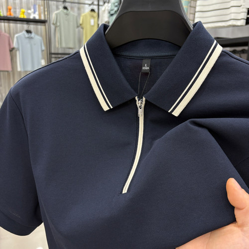 轻奢小众半拉链条纹撞色翻领短袖t恤男2025新款商务通勤凉感半袖