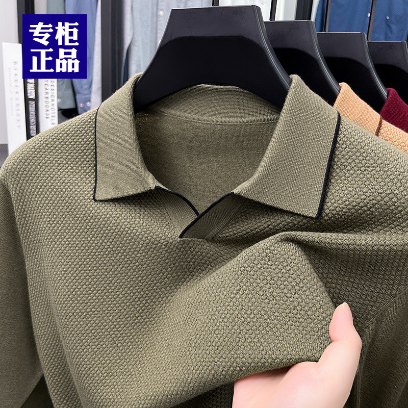 中青年纯色长袖polo衫毛衣秋冬季时尚海鸥领男士休闲针织薄款上衣