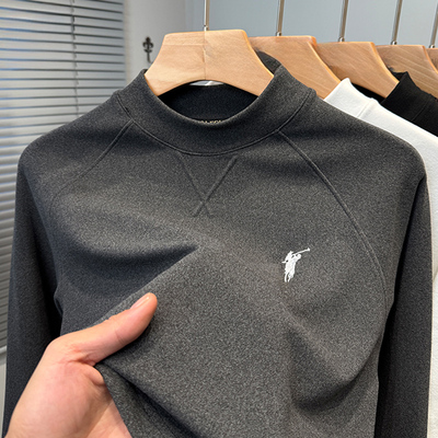 德荣绒打底衫男半高领秋冬季保罗刺绣长袖T恤男装纯色内搭插肩袖