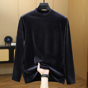 秋冬季金丝绒打底衫男2024新款内搭磨毛上衣半高领男士长袖t恤衫