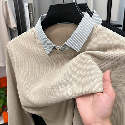 华夫格男士假两件卫衣春秋商务休闲衬衫领长袖打底衫上衣高档男装