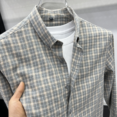 格纹男士长袖衬衫高端2025年春装新款上衣服美式休闲男式衬衣外套