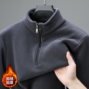 高端卫衣男士秋冬季双面奥粒绒加绒加厚新款爸爸装半拉链立领毛衣