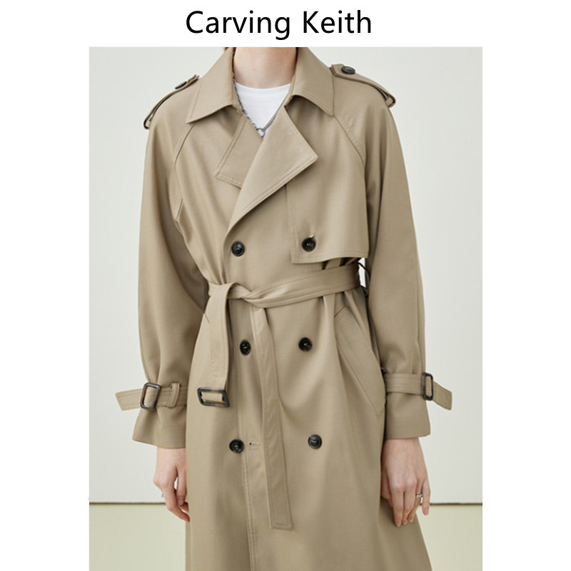 carving keith 时尚英伦~风衣女秋宽松双排扣中长款垂感休闲外套