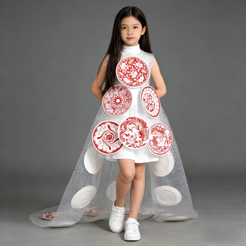 女儿童环保时装秀服中国风手工diy幼儿园亲子走秀青花瓷环保衣服