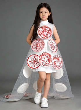 女儿童环保时装秀服中国风手工diy幼儿园亲子走秀青花瓷环保衣服