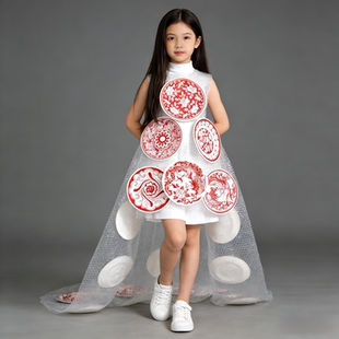 女儿童环保时装秀服中国风手工diy幼儿园亲子走秀青花瓷环保衣服