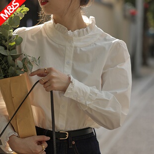 法式白色衬衫上衣女春秋设计感小众木耳花边立领高级打底内搭衬衣