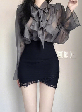 黑色短裙女半身裙秋季新款蕾丝拼接不规则OL职业性感百搭一步裙