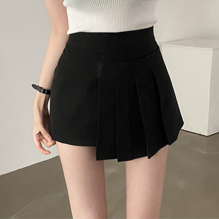 高腰显瘦不规则前裙后裤 黑色西装 韩版 裙女夏薄款 一步半裙 料百褶裤