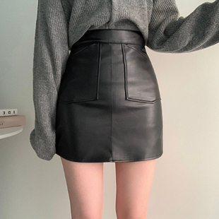 黑色小皮裙女秋冬半身裙 高腰紧身包臀pu皮A字百搭一步裙 2022韩版