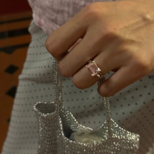 【仲夏之梦】轻珠宝冰花切高碳钻S925纯银粉钻方块戒指小众简约高