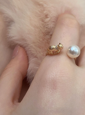 925银喵了个喵】可爱小猫珍珠百搭轻奢戒指小众复古个性指环女