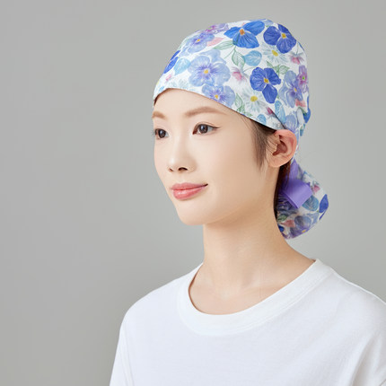 蝶尾帽三叶花女长发美容月子会所理疗馆牙科口腔医院全棉印花帽子