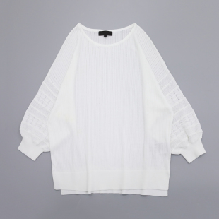 紧密高弹力编织圆领竖条纹镂空编织衣袖 多种编织拼接云朵白上衣