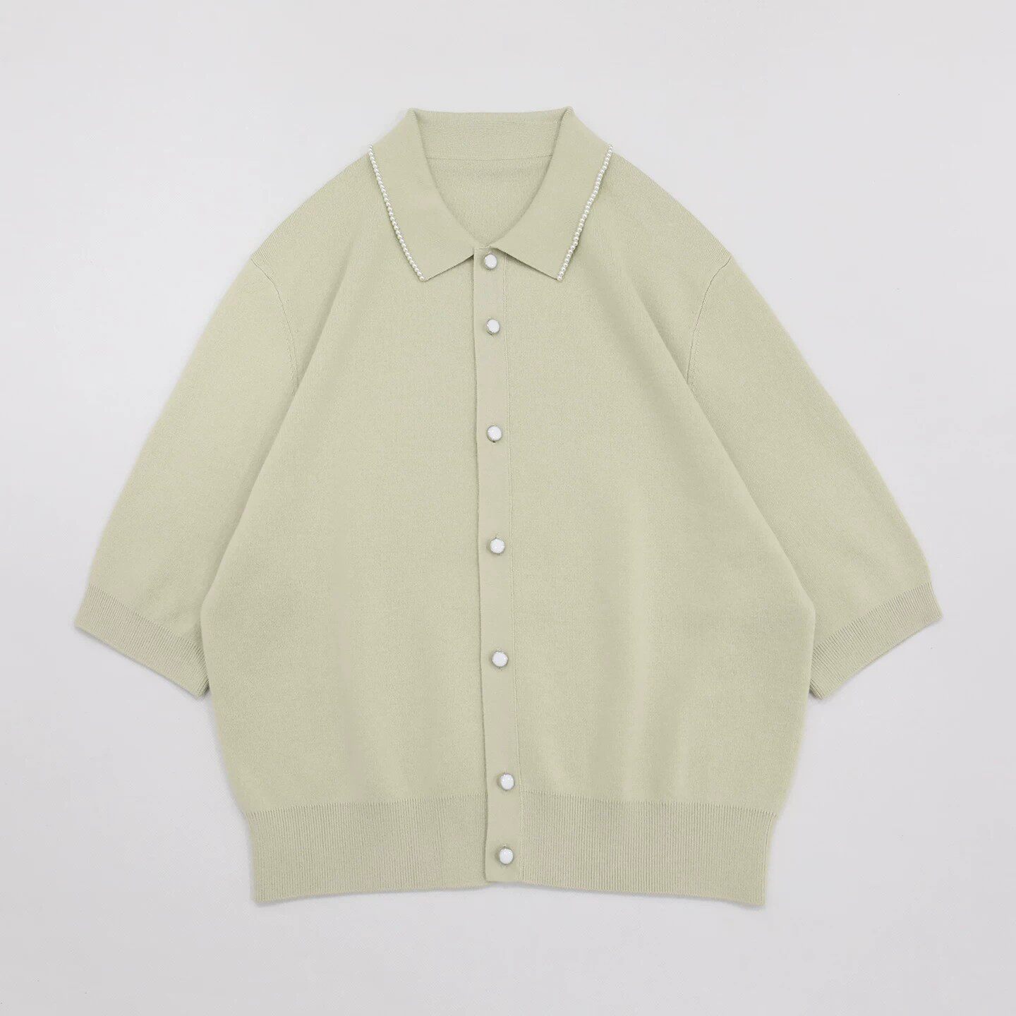 PEARL精致珍珠领羊绒添加米灰色显瘦中袖设计排扣25AW针织开衫