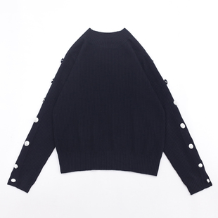 饰开合高弹力编织精致高级感针织上衣 银色纽扣装 经典 黑半高领衣袖