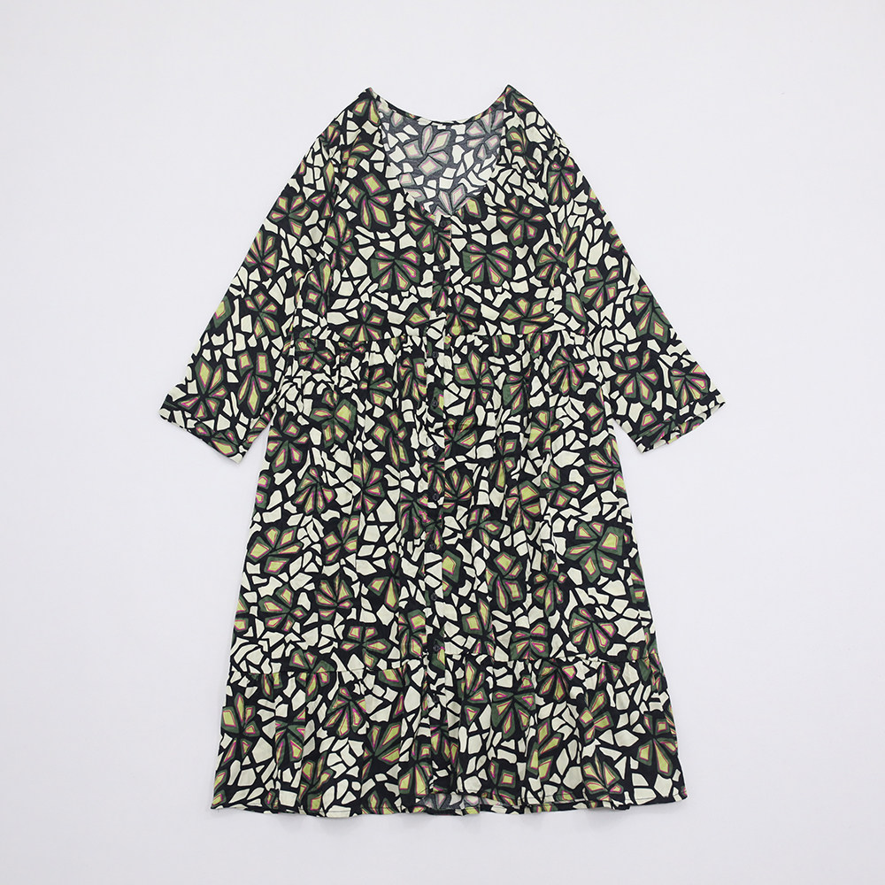 复古抽象几何蝴蝶兰V领下摆拼接25夏季透气舒适森系度假风连身裙