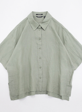 浅绿色organic linen亚麻舒适透气经典领leisure廓形品质中袖衬衫