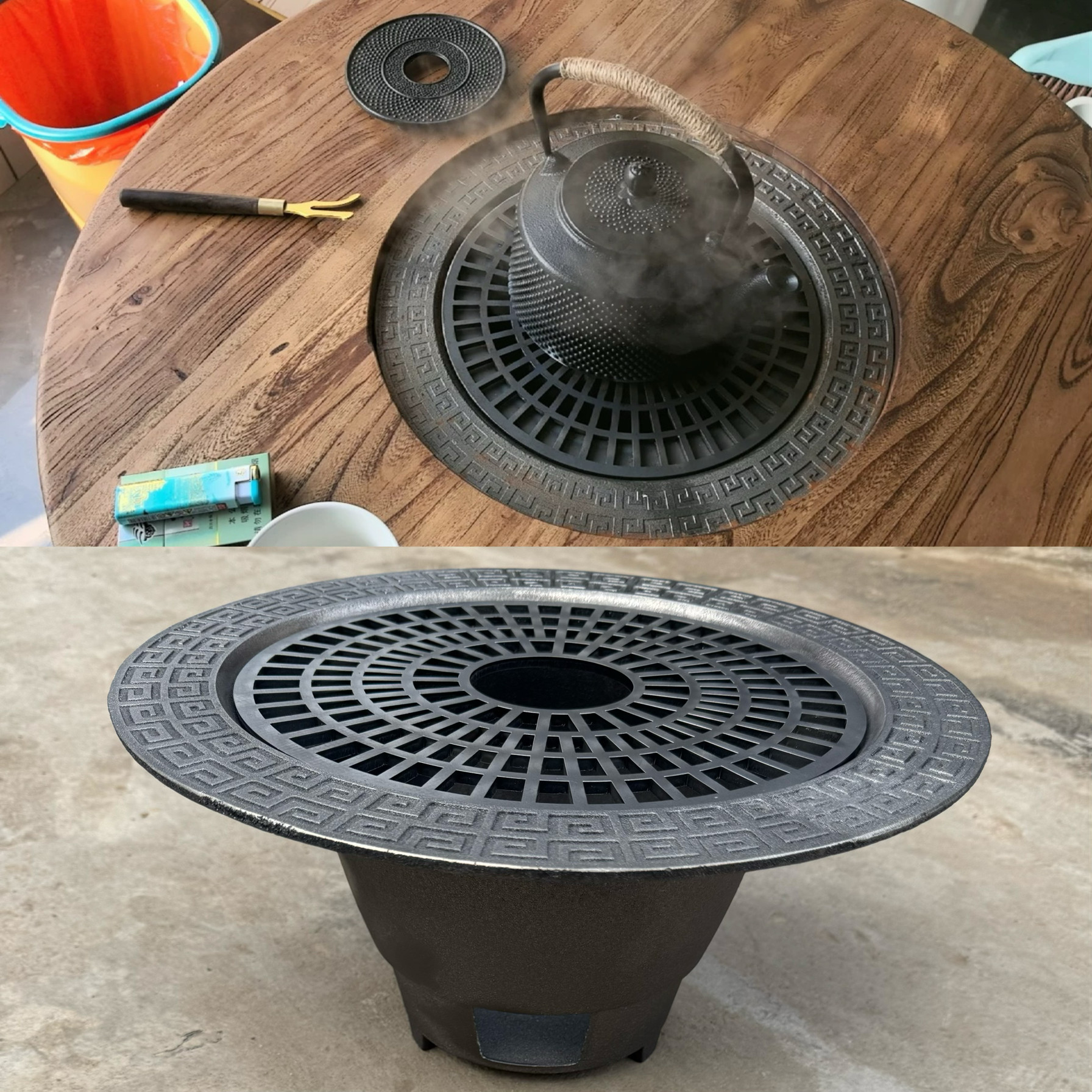 铸铁炭炉老榆木圆形实木茶桌火盆改造嵌入式碳炉回纹款围炉煮茶炉,餐饮具,煮茶炉,淘宝优惠券,粉丝福利购,淘宝优惠卷