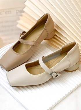 【】21706  轻便舒适头层牛皮一字扣带玛丽珍方头单鞋8-10