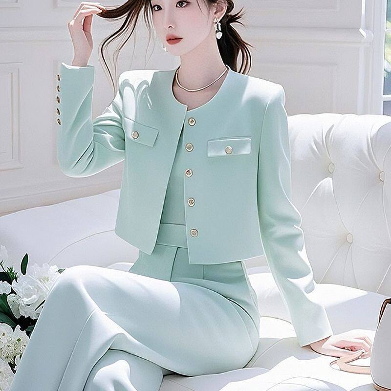早春穿搭职业套装一整套女装气质名媛薄荷绿色外套阔腿裤