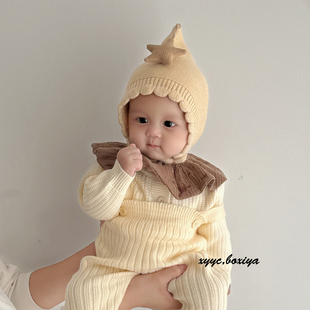 宝宝帽子秋冬韩版 包头帽男女孩冬毛线帽小月龄针织保暖婴儿护耳帽